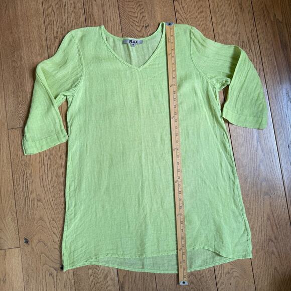FLAX Chartreuse V Neck Linen Tunic SZ M Lagenlook Minimalist Classic Casual FLAW - Picture 6 of 9